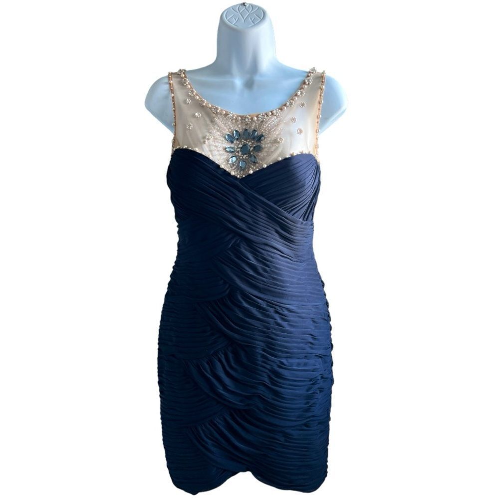 ADRIANNA PAPELL Beaded Dress Navy Color Size 12P.